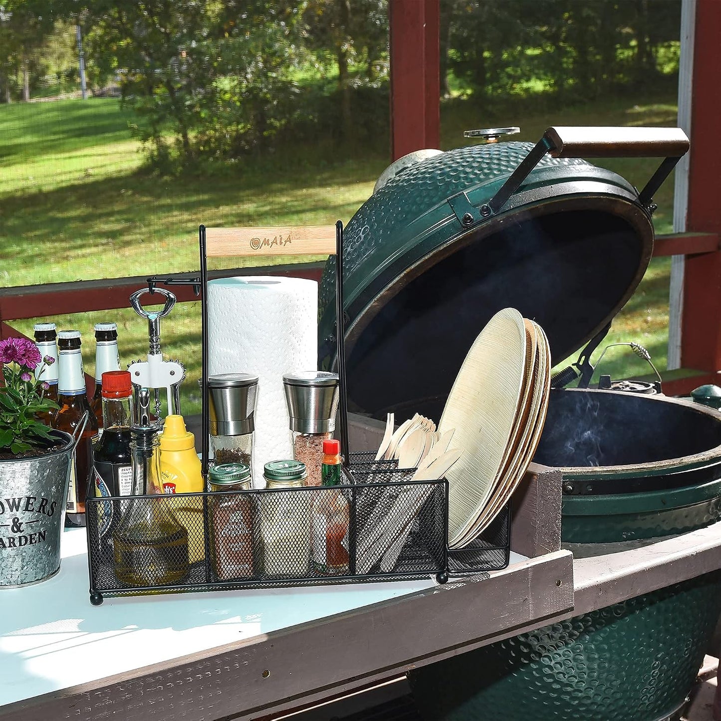 OMAIA BBQ and Grill Caddy with Paper Towel Holder, Wood Handle & 2 Hooks – Camper Accessories Condiment Caddy – Plates, Cutlery and BBQ Organizer for Camping Outdoor, RV - US Patent Pending