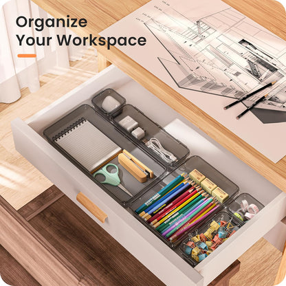 A-LuGei 【Military Grade】 Drawer Organizer,【𝟱𝗦𝗶𝘇𝗲】 Makeup organizer,【Holds 177 Items】 Bathroom Organizers and Storage,Organization and Storage,Desk Drawer Organizer for Vanity【Clear】