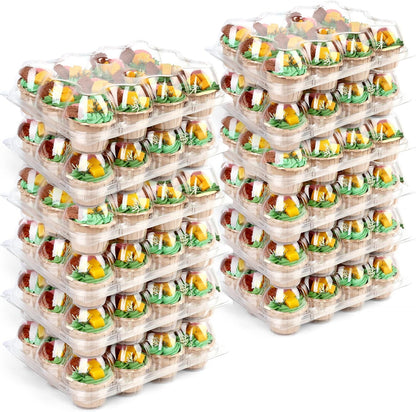 LotFancy (12 Count x 12 Sets) Cupcake Containers with 144 Liners, Thick Plastic Cupcake Boxes Holders, BPA Free, Disposable Cupcake Carrier with Detachable Tall Dome Lid