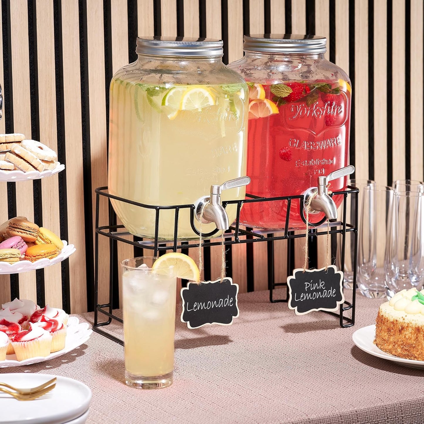 FineDine Glass Drink Dispenser with Stand & Stainless Steel Spigot – 1 Gallon drink dispensers for parties, glass beverage dispenser Set, punch bowl for Lemonade, Juice, Infused Water & More, 2 Pack
