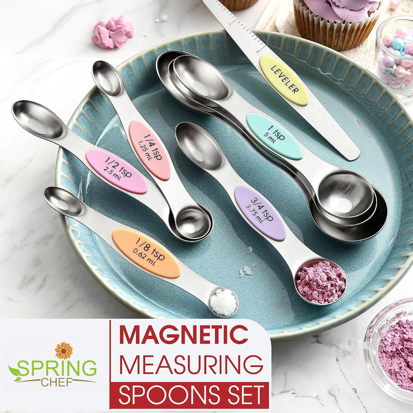 Spring Chef Stainless Steel Magnetic Measuring Spoons Set with Strong N45 Magnets, Heavy Duty Metal Kitchen Gadgets for Baking & Cooking, Fits in Most Kitchen Spice Jars, Set of 8 with Leveler, Black
