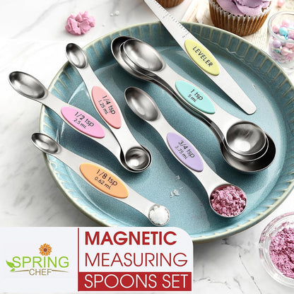 Spring Chef Stainless Steel Magnetic Measuring Spoons Set with Strong N45 Magnets, Heavy Duty Metal Kitchen Gadgets for Baking & Cooking, Fits in Most Kitchen Spice Jars, Set of 8 with Leveler, Black