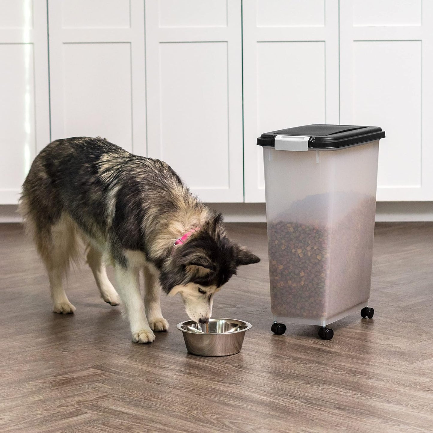 IRIS USA Airtight Dog Food Storage Container, Up to 30 lbs, Attachable Wheels, for Dog Cat Bird and other Pet Food Storage Bin, Keep Fresh, Easy Mobility, BPA Free, Black