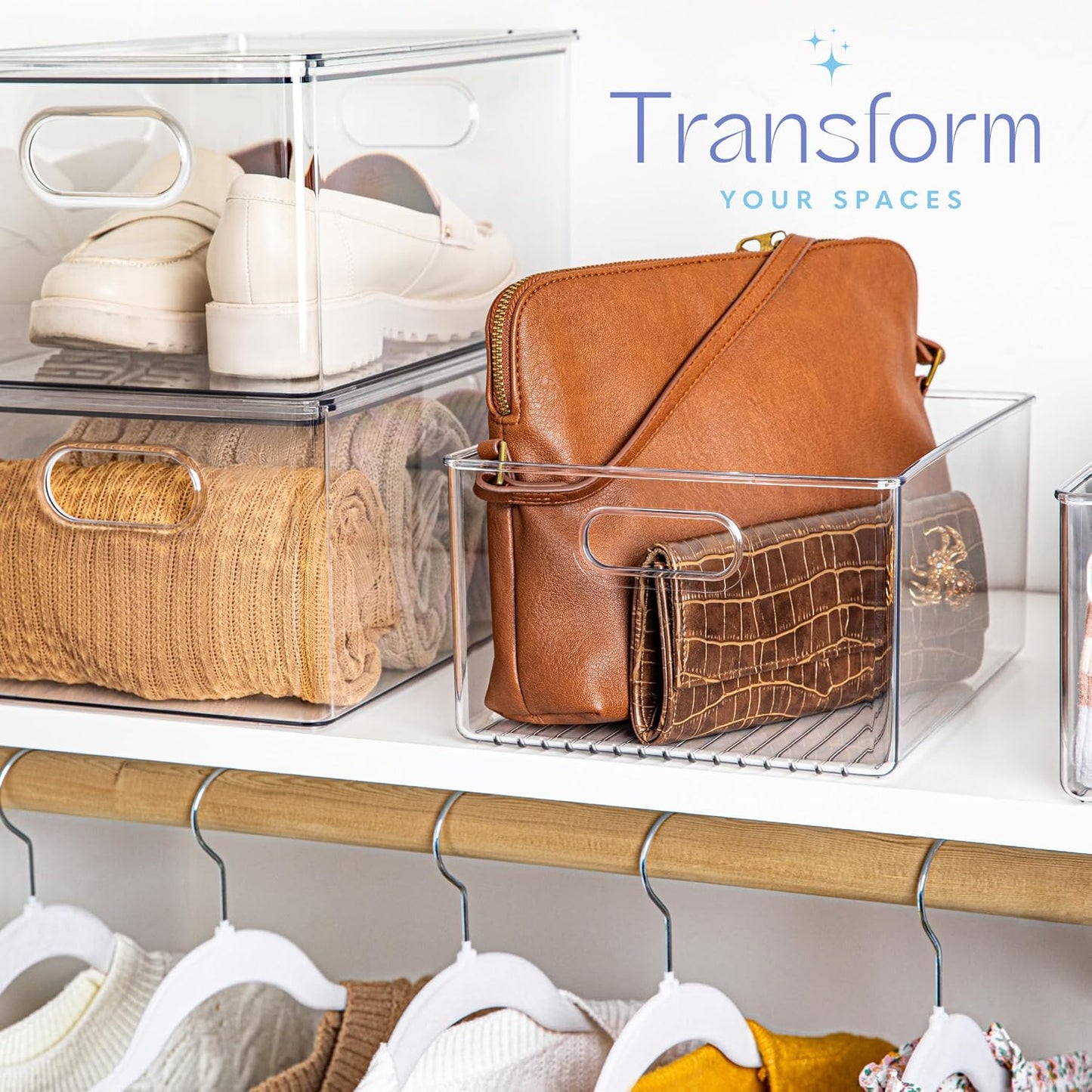Plastic Food Storage 4 Pack Clear Container Bin with Handles for Organizing Kitchen, Pantry, Refrigerator, Freezer, Pantry, Cabinet, Closet, Bathroom. Stackable 10”x6”x3”