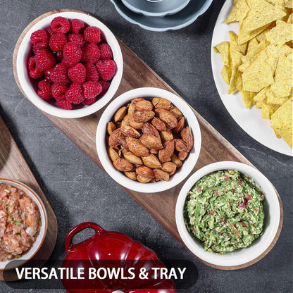 Artena 6oz Turquoise Solid Ceramic Chips and Dip Serving Platter with Acacia Wooden Tray, 4.5inch Glazing Small Serving Bowls/Dipping Dishes for Condiments,Side Dishes, Dipping, Pre, Dessert, Salsa