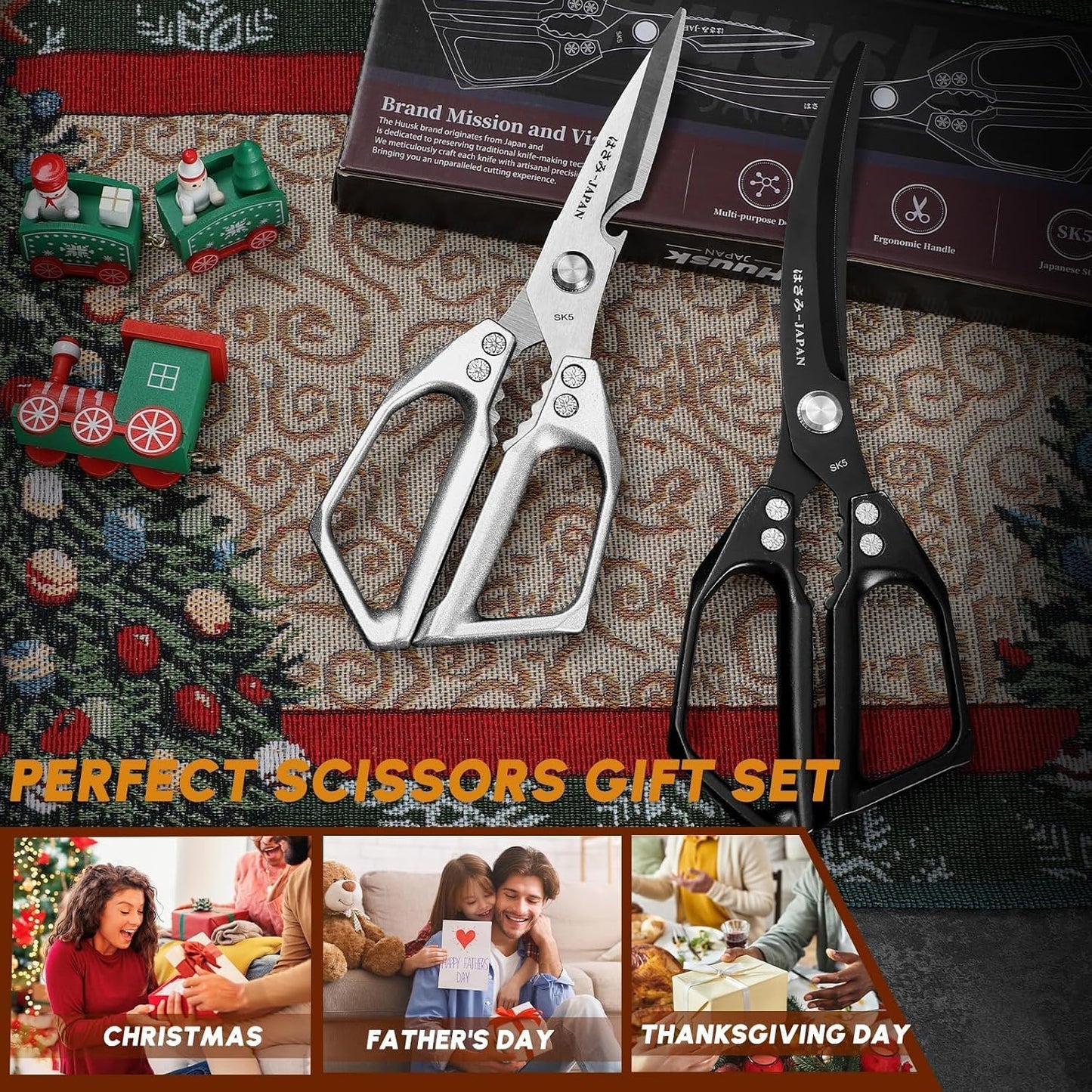 HUUSK Kitchen Scissors Set Silver - Stainless Steel Kitchen Shear, Sharp Meat Scissors, Heavy Duty Poultry Shears, Japanese Cooking Scissor for Food, Gifts for Men Women