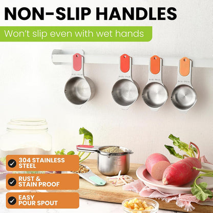 Spring Chef Stainless Steel Measuring Cups Set of 7 with Pour Spout - Nesting Kitchen Tools with Easy Read Markings to Measure Dry or Liquid Ingredients - Metal Measuring Cups for Baking & Cooking