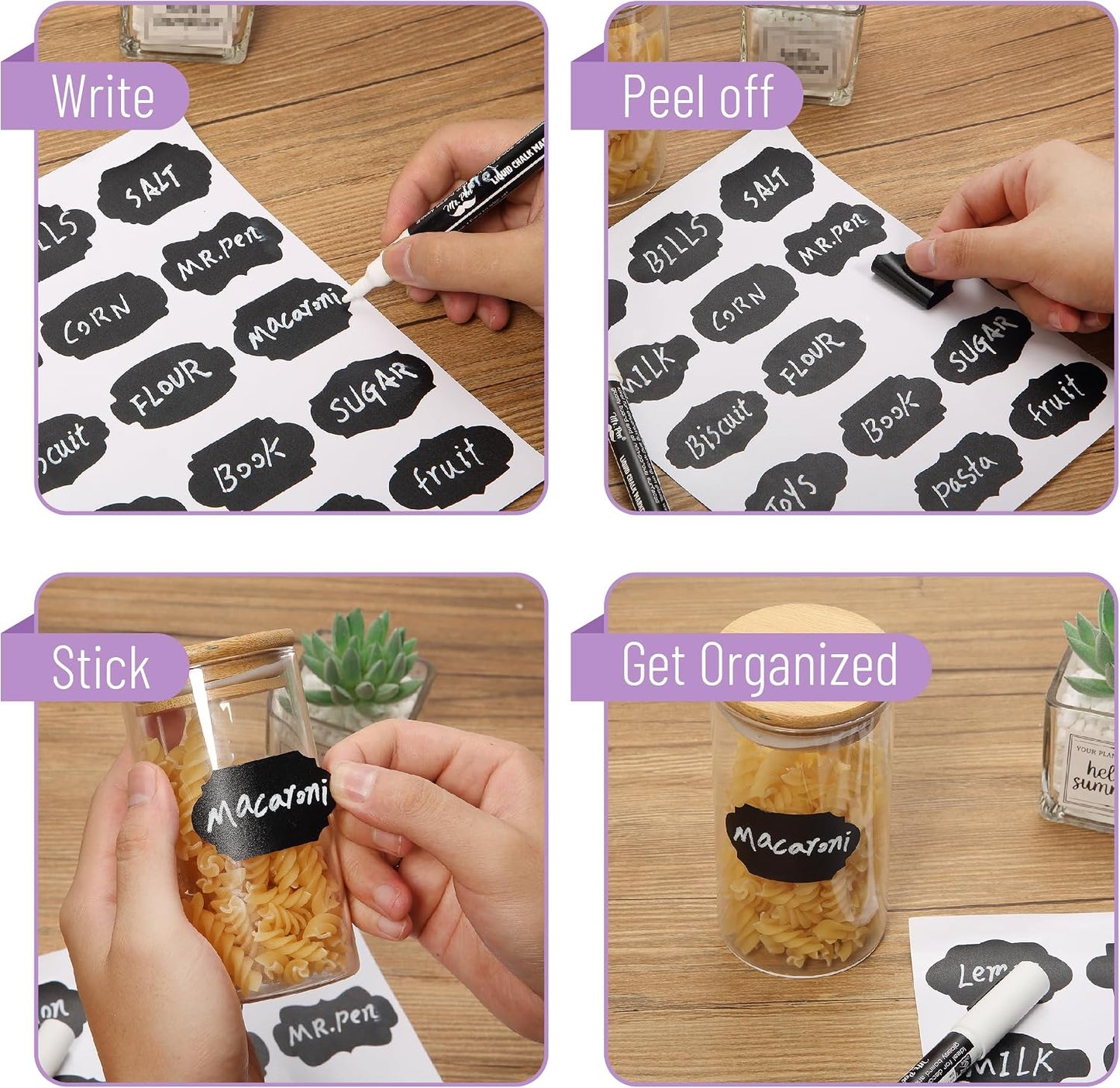 Mr. Pen- Chalkboard Labels, 100 pcs, Assorted Shapes | Waterproof Reusable Blackboard Stickers with 1 Erasable Liquid Chalk Marker for Mason Jars