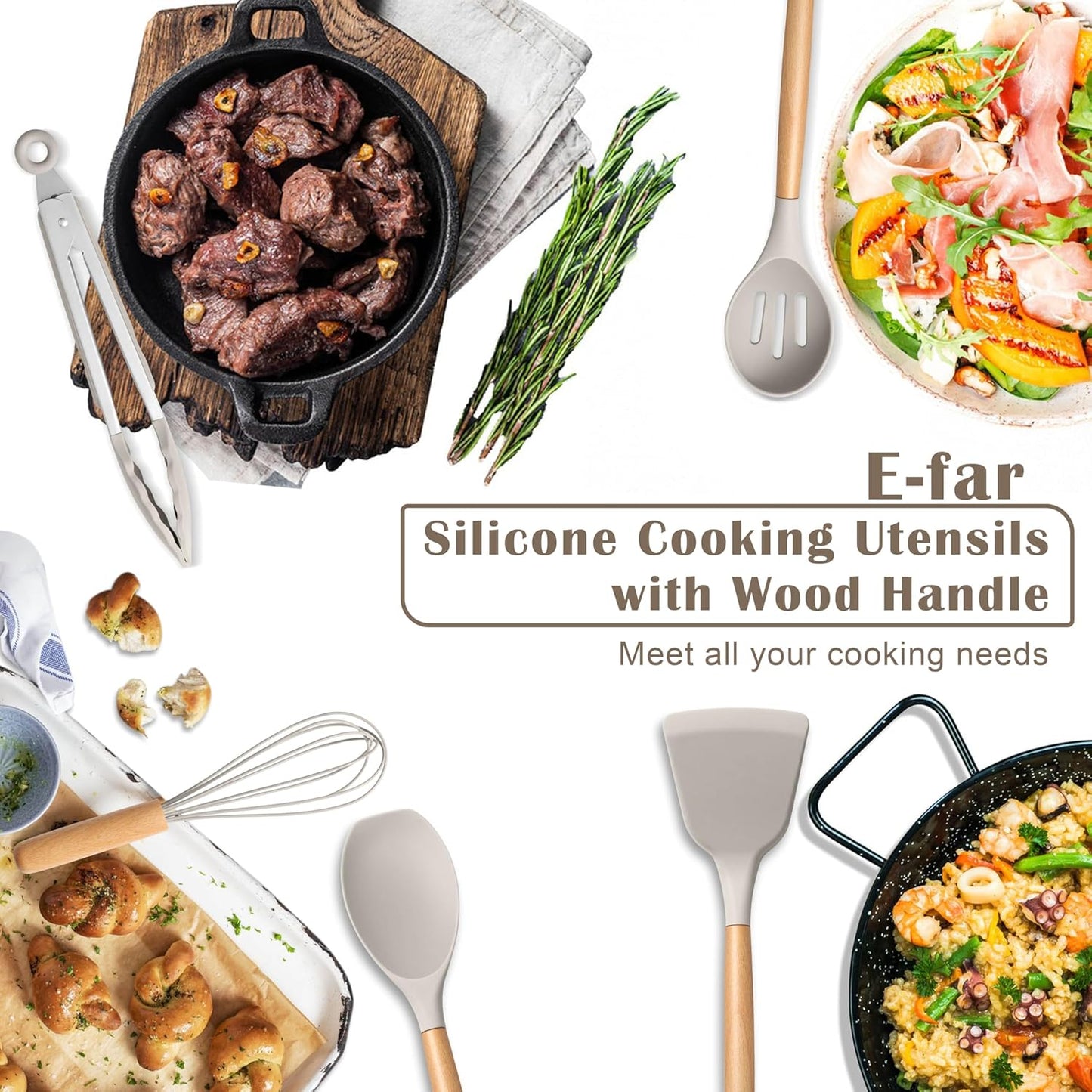 E-far Silicone Cooking Utensils Set, 5-Piece Kitchen Utensils Set with Wooden Handle for Cooking, Silicone Kitchen Nonstick Tools Spatula Turner Slotted Spoons, Nontoxic & Heat Resistant-Khaki