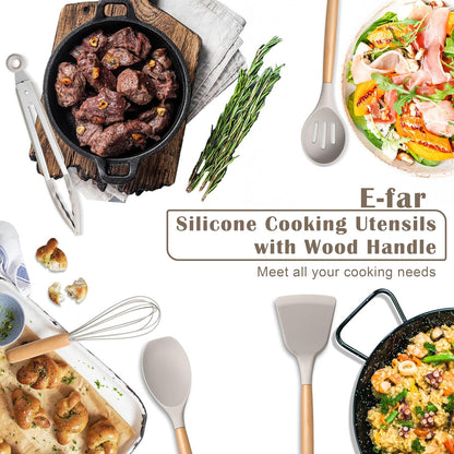 E-far Silicone Cooking Utensils Set, 5-Piece Kitchen Utensils Set with Wooden Handle for Cooking, Silicone Kitchen Nonstick Tools Spatula Turner Slotted Spoons, Nontoxic & Heat Resistant-Khaki