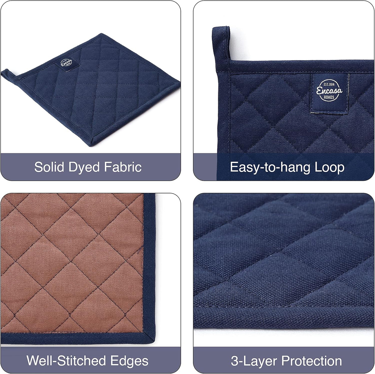 Encasa XO Pot Holders, Quilted Kitchen Hot Pads 8"x8" Black