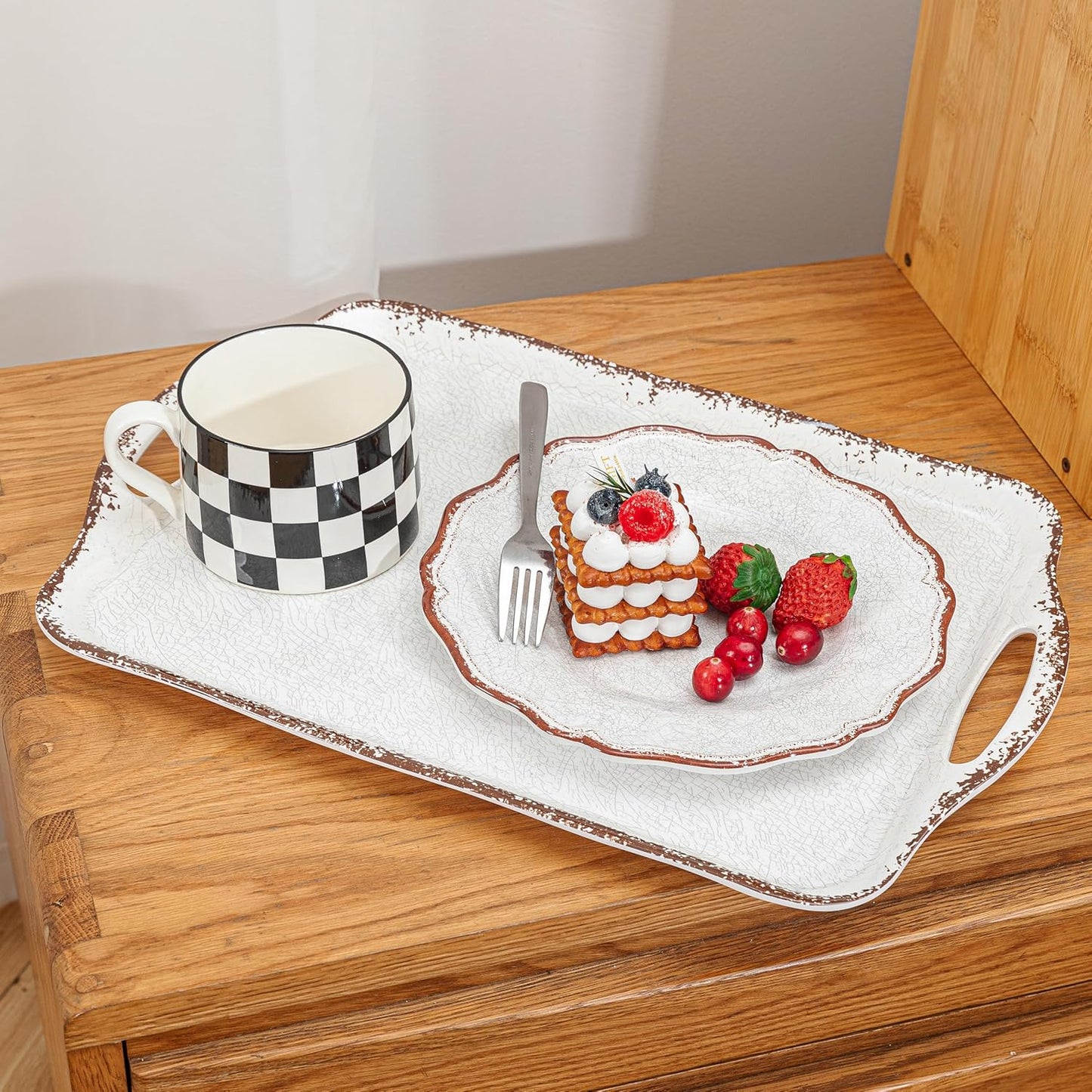 LEHAHA Grilling Prep Trays, Melamine BBQ Prep and Serving Platters and Tray for Outdoor Entertaining, Large Food Serving Trays, Set of 2, 17.2" x 10.5",Great for Grilling Lovers,Black and Red