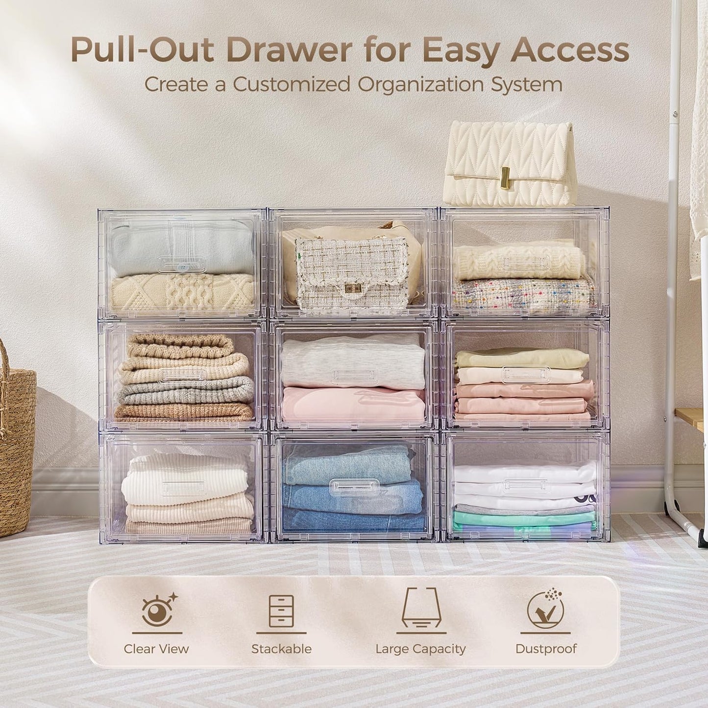 Vtopmart 6 Pack Clear Stackable Storage Bins 15QT, Easily Assemble Bathroom Organizers,Plastic Storage Bins for Kitchen Pantry,Under Sink Organization(Medium)