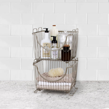 Spectrum Ashley Small Stackable Wire Baskets for Pantry & Kitchen Counter Organizer, Stacking Fruit Basket Wire Bin with Raised Feet & Handles for Vegetable Fruit Potato Onion Storage, Satin Nickel