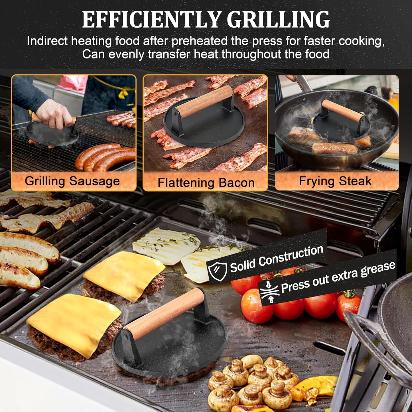 6 Inch Griddle Basting Covers & Smash Burger Press (2 Lids+1 Press), Joyfair Small Cheese Melting Dome with Grill Press for Flattop BBQ Grilling Bacon Patty, Heavy Gauge Stainless Steel & Cast Iron