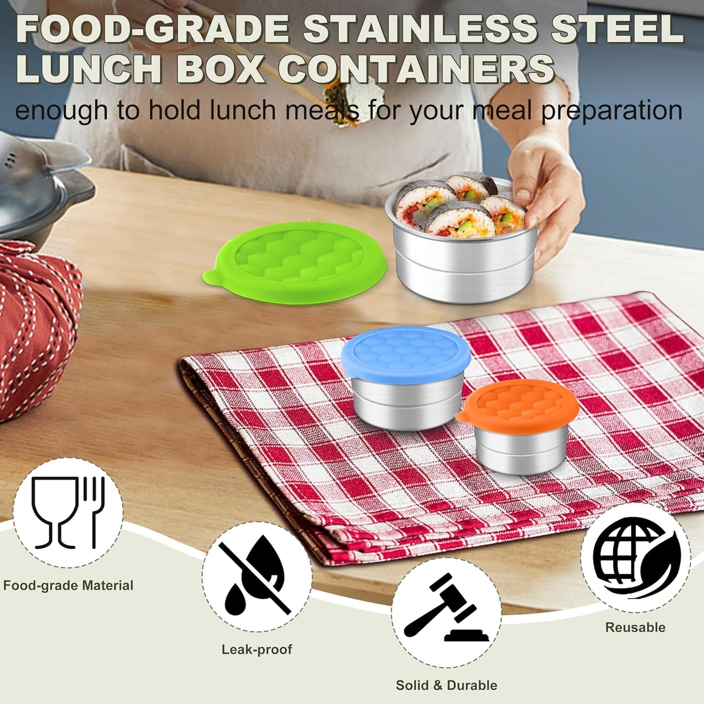 HaWare Stainless Steel Food Storage Containers with Silicone Lids, Leak-Proof Metal Snack Container, Round Lunch Box for Kids Adults, Stackable & Reusable Meal Prep Containers, Set of 3, Multicolor
