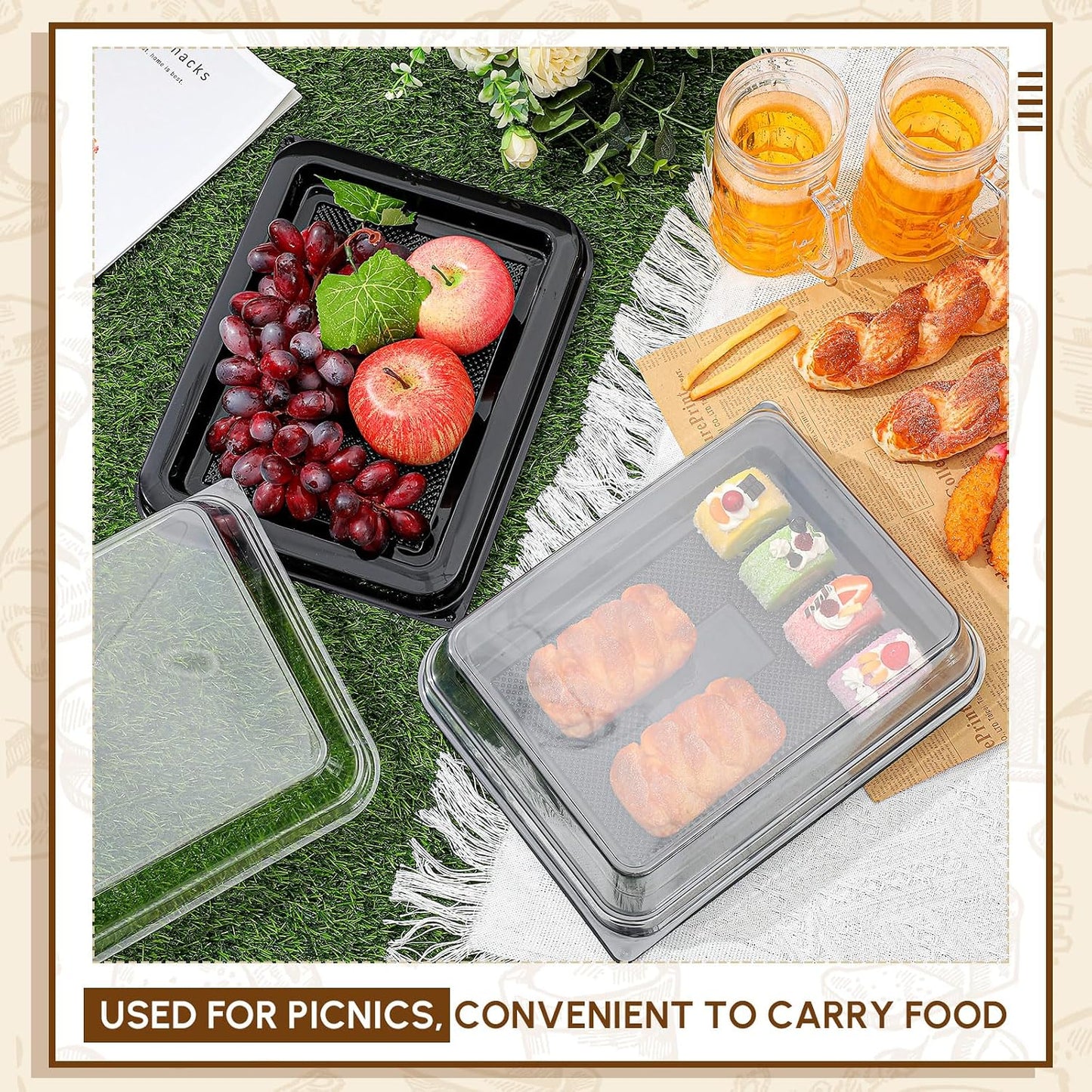 Tessco 12 Pcs Plastic Serving Trays with Lids Disposable Catering Trays 12.4 x 9.45 x 2.76 Inch Reusable Plastic Party Platters Charcuterie Board Box with Lids for Cookie Sandwich Christmas(Black)