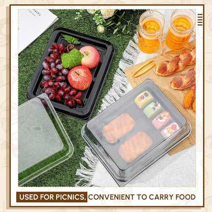 Tessco 12 Pcs Plastic Serving Trays with Lids Disposable Catering Trays 12.4 x 9.45 x 2.76 Inch Reusable Plastic Party Platters Charcuterie Board Box with Lids for Cookie Sandwich Christmas(Black)