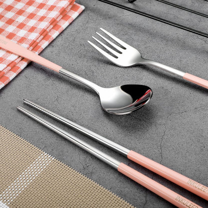 iNKULEER Travel cutlery set, 18/8 stainless steel cutlery, Reusable utensils set with case, Portable Silverware Lunch Box for Camping and Office (Pink)
