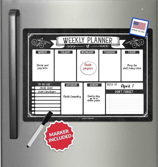 Hadley Designs Weekly Magnetic Calendar for Refrigerator - Dry Erase Board for Fridge, Magnetic Weekly Planner for Kitchen, Reusable Schedule Organizer (Chalk Vintage)
