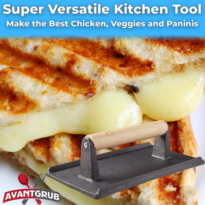 Pro Grade, Pre Seasoned Cast Iron Grill Weight 2Pk. Heavy Duty Steak and Burger Press with Wooden Handle for Grills, Griddles and Flattops. Perfect Gadget for Bacon, Paninis, Sandwiches and Vegetables