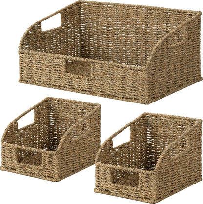 StorageWorks Water Hyacinth Pantry Storage Baskets, Wicker Baskets with Built-in Handles, Handwoven Shelf Baskets for Organizing, Pantry Organizers and Storage, 3 Pack