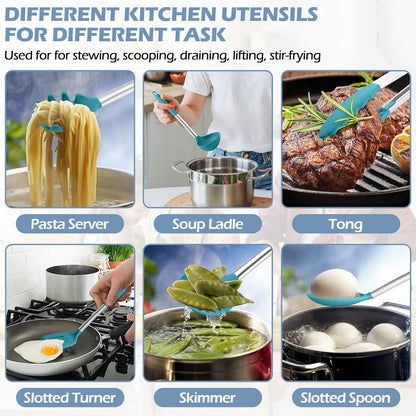 HaWare 29 PCS Silicone Cooking Utensils Set, Heat Resistant Kitchen Utensils Set with Stainless Steel Handle, Spatula Sets with Holder and Hooks, Kitchen Tools Gadgets for Nonstick Cookware -Khaki