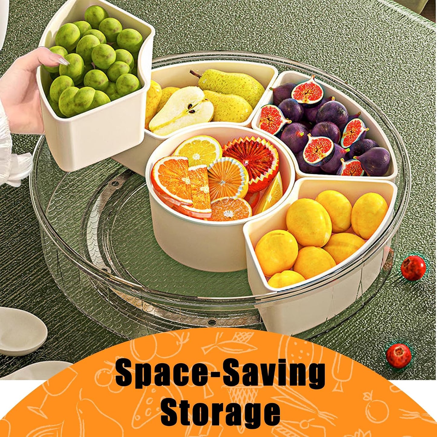 Rotating Snackle Box Container for Kids, Divided Rotating Serving Tray with Lid and Handle, Veggie Tray with Lid for Fridge, Rotating Food and Fruit Tray (small 10")