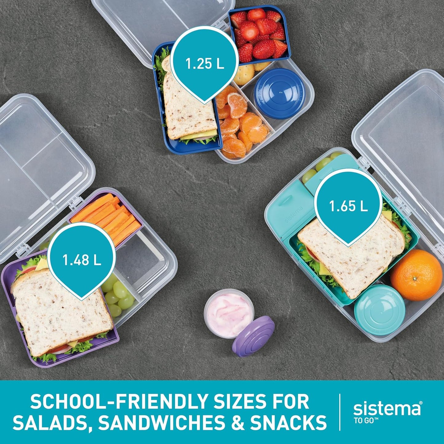 Sistema Bento Box Adult Lunch Box with 3 Compartments, 2 Removable Trays, and Salad Dressing Container, Dishwasher Safe, Color May Vary, 42 oz./1.25L Size (Pack of 4)