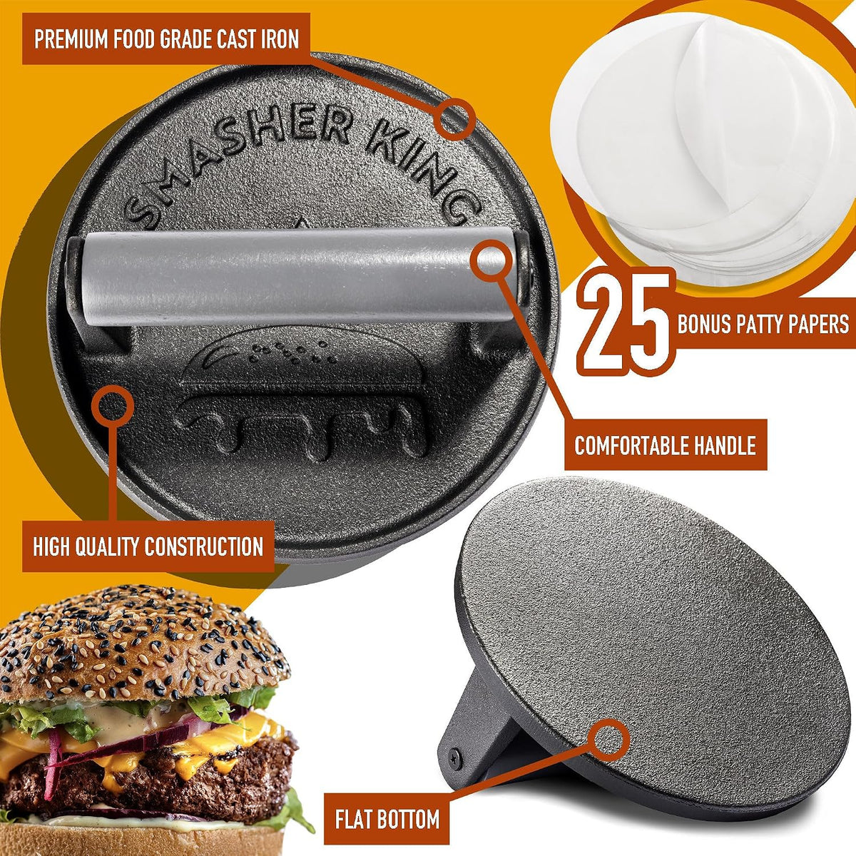 Premium Cast Iron Smash Burger Press incl. 25 Patty Paper