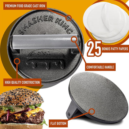 Premium Cast Iron Smash Burger Press incl. 25 Patty Paper