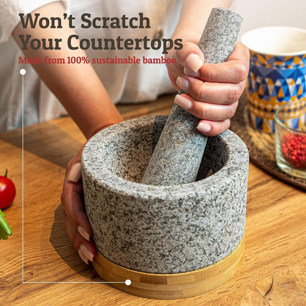 PriorityChef Heavy Duty Mortar and Pestle Set with Bamboo Base, 100% Natural Granite Stone Grinder, Guacamole Bowl and Masher, 1.5 Cups, Black