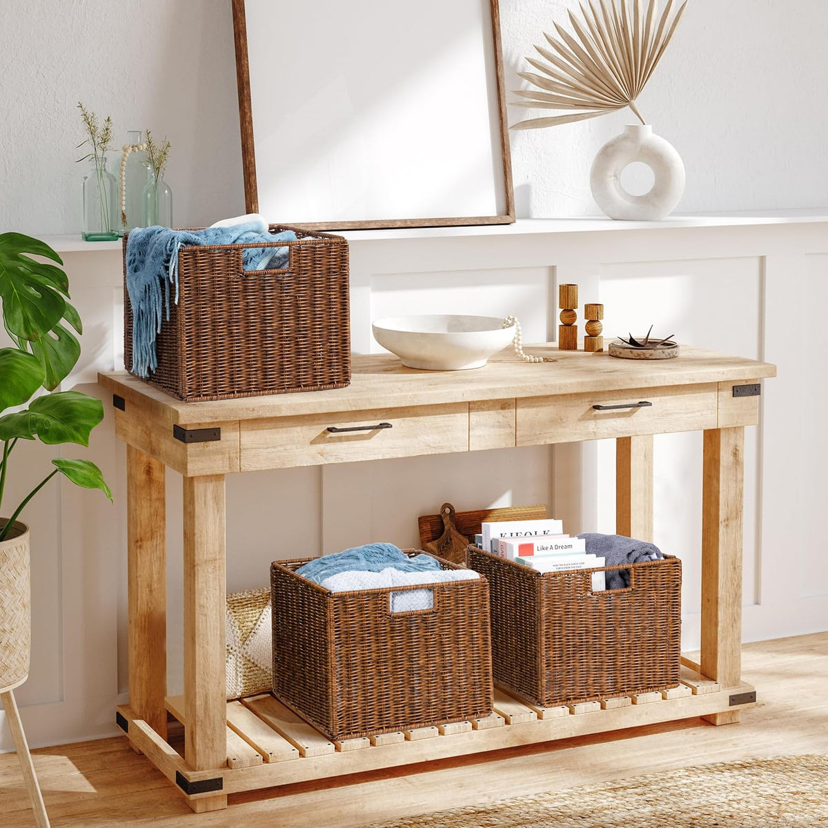 12x12x10in Water Hyacinth Storage Basket Large, Folding Cube Woven Wicker Storage Basket for Shelves, Pantry Baskets Organization and Storage, Kitchen Storage Baskets, Large Rattan Basket Set of 3