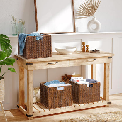 12x12x10in Water Hyacinth Storage Basket Large, Folding Cube Woven Wicker Storage Basket for Shelves, Pantry Baskets Organization and Storage, Kitchen Storage Baskets, Large Rattan Basket Set of 3
