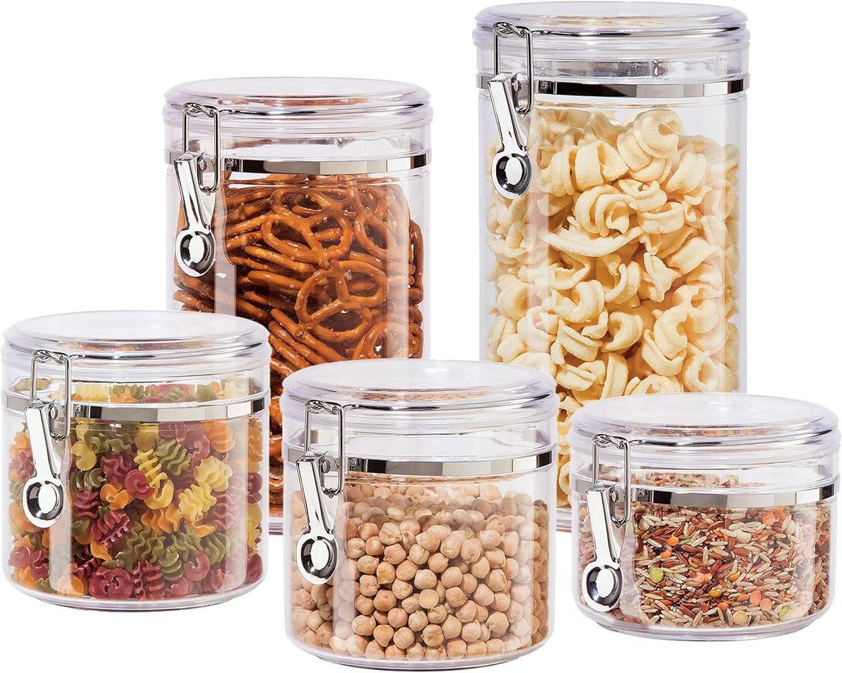 Oggi 4pc Clear Canister Set with Clamp Lids & Spoons - Airtight Food Storage Containers, Ideal for Kitchen & Pantry Storage of Bulk, Dry Food Including Flour, Sugar, Coffee, Rice, Tea, Spices & Herbs