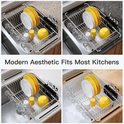 JASIWAY Dish Drying Rack in Sink, Expandable Stainless Steel Dish Drainers for Kitchen Counter, Dish Dryer Rack for Inside Sink, Over The Sink Dish Racks with Utensil Holder, Silver