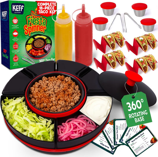 KEFF Taco Tuesday Kit - Taco Bar Serving Set for a Party, Lazy Susan Serving Dish 6 Sections, 4 Tacos Holder, Condiment Containers, Squeeze Bottles, Tongs, Recipes & Instructions - Tailgate Essentials