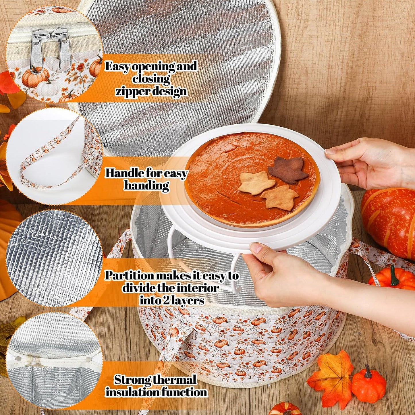 Fall Pumpkin Round Pie Carrier 12 x 7 Inch Thanksgiving Pumpkin Flowers Insulated Casserole Carrier with Lid and Detachable Handle for Thanksgiving Hot Pie Cake Transport Autumn Party