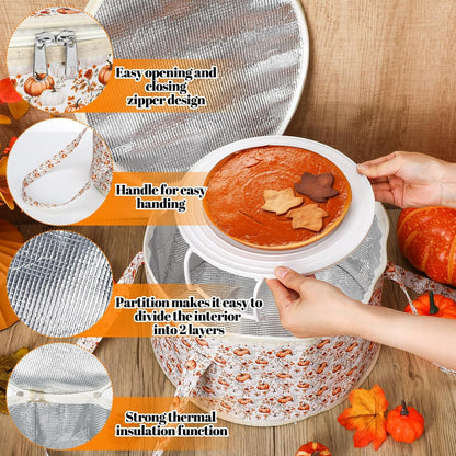 Fall Pumpkin Round Pie Carrier 12 x 7 Inch Thanksgiving Pumpkin Flowers Insulated Casserole Carrier with Lid and Detachable Handle for Thanksgiving Hot Pie Cake Transport Autumn Party