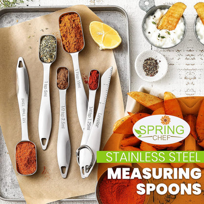 Spring Chef Stainless Steel Measuring Cups and Spoons Set of 14 with Leveler, Nesting Kitchen Metal Measuring Cups and Spoons Set for Dry and Liquid Ingredients, Perfect for Cooking & Baking