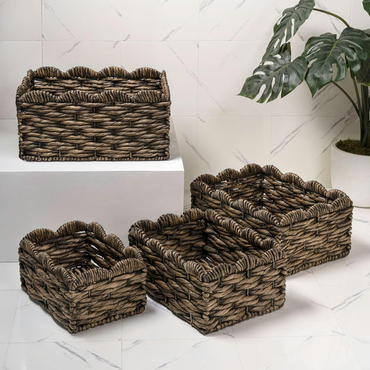 Eyely KSB2021B-4SET Anne Rustic Cottage Handwoven Water Hyancinth Scalloped Edge Nesting Storage Baskets, Seagrass Containers for Decoration in Living Room, Bedroom, Brown (Set of 4)