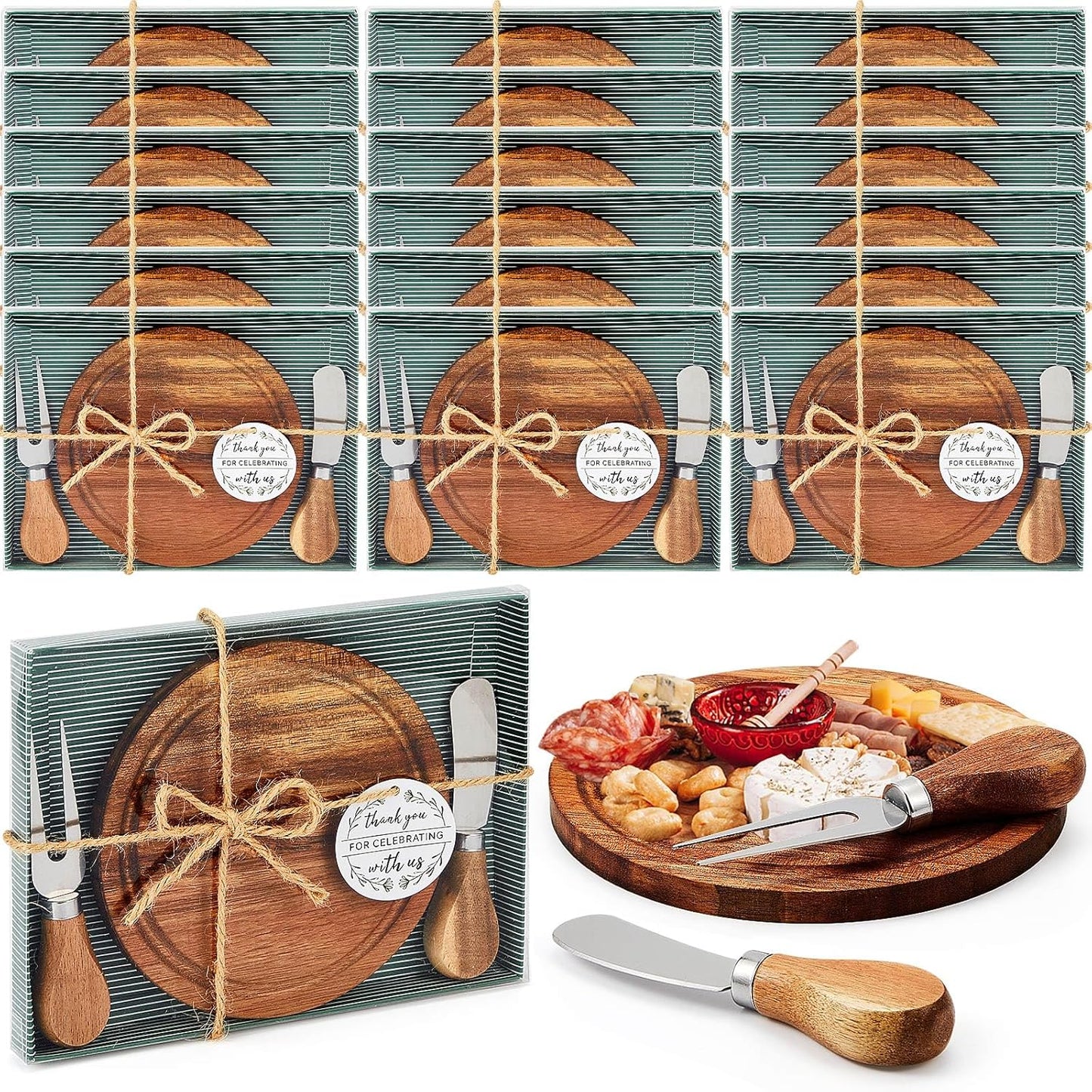 Maxcheck 6 Sets Baby Shower Bridal Game Prizes for Winners Round Cheese Board Set Wood Mini Charcuterie Board with Knives and Forks Thank You Card with Gift Box for Guests Wedding (Bamboo)