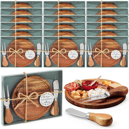 Maxcheck 6 Sets Baby Shower Bridal Game Prizes for Winners Round Cheese Board Set Wood Mini Charcuterie Board with Knives and Forks Thank You Card with Gift Box for Guests Wedding (Bamboo)