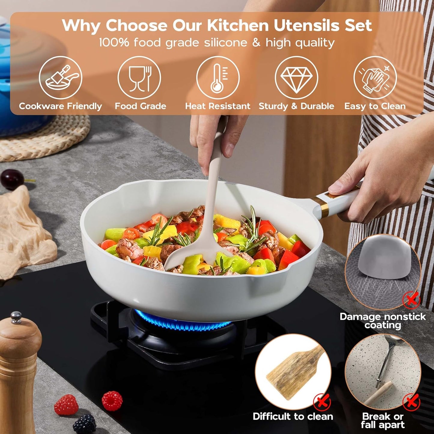 Onader Silicone Cooking Utensils Set of 10, Kitchen Utensils for Nonstick Cookware, Heat Resistant & Nontoxic Spatula Set- Khaki