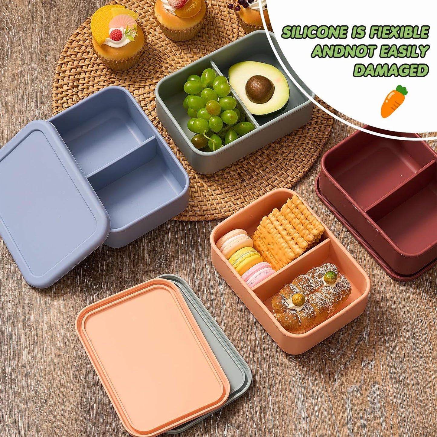Layhit 4 Pcs Silicone Bento Box for Adults, 27 oz Bento Lunch Container Reusable 3 Compartment Lunchable Food Container for Women Men, Leak Proof Microwave Dishwasher Freezer Safe (Cool Colors)