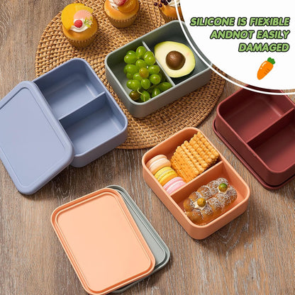 Layhit 4 Pcs Silicone Bento Box for Adults, 27 oz Bento Lunch Container Reusable 3 Compartment Lunchable Food Container for Women Men, Leak Proof Microwave Dishwasher Freezer Safe (Cool Colors)