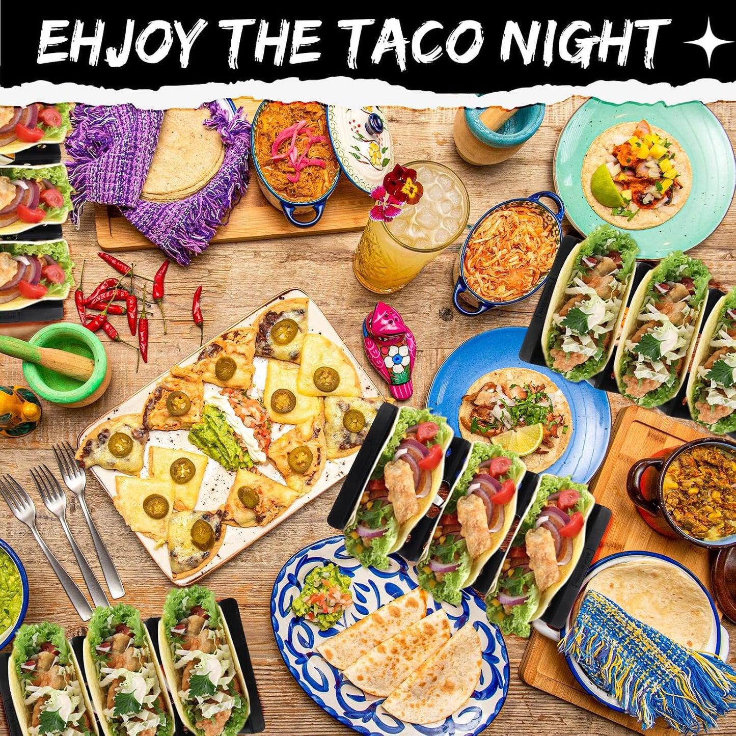 Baderke Mexico Taco Holder Stands Set of 6 Black Large Tray Plates Plastics Hollow Holder for Taco Night Tuesday Carnival Party Supplies, Dishwasher Microwave Safe