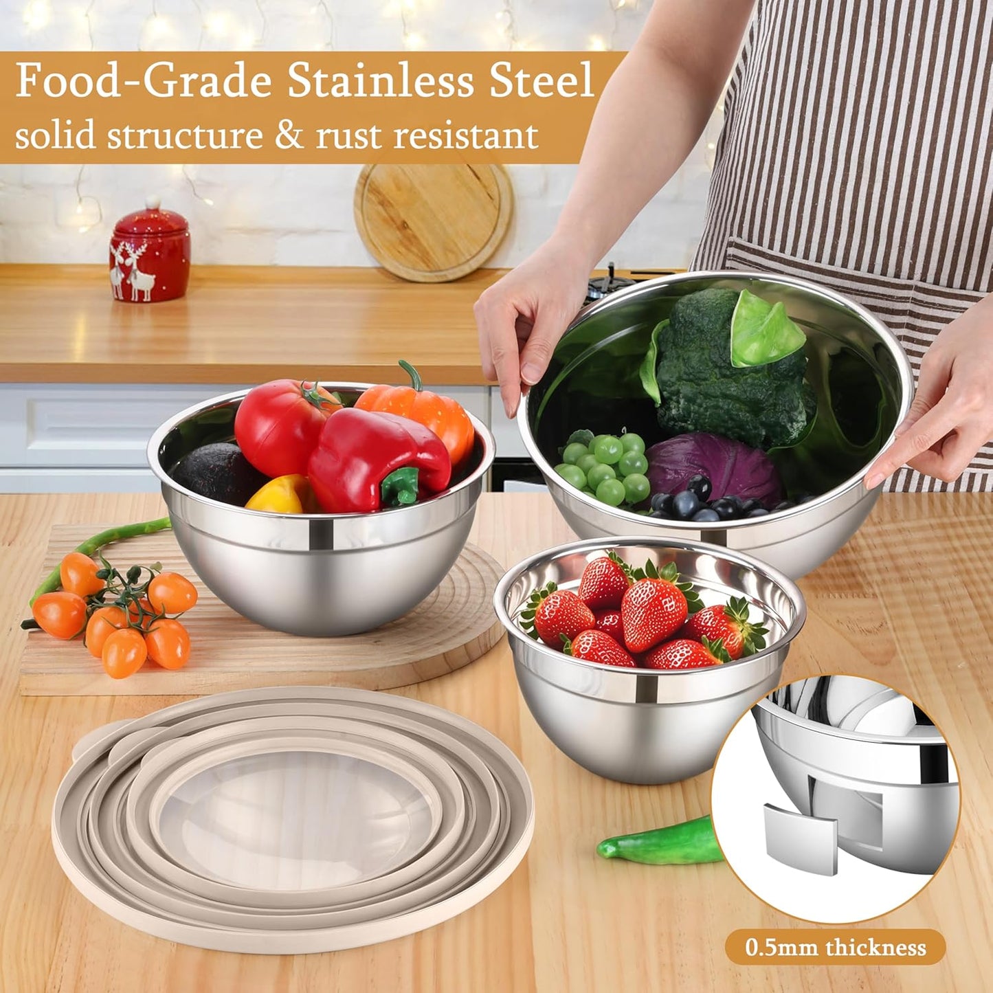 LIANYU Mixing Bowls with Airtight Lids Sets, 3 Packs Stainless Steel Metal Mixing Bowls, Ideal for Prepping, Cooking, Storage, Serving, Freezer & Dishwasher Safe, Khaki