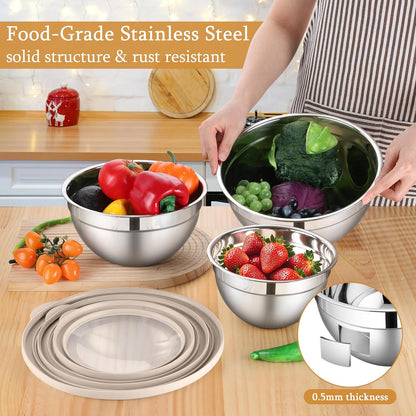 LIANYU Mixing Bowls with Airtight Lids Sets, 3 Packs Stainless Steel Metal Mixing Bowls, Ideal for Prepping, Cooking, Storage, Serving, Freezer & Dishwasher Safe, Khaki