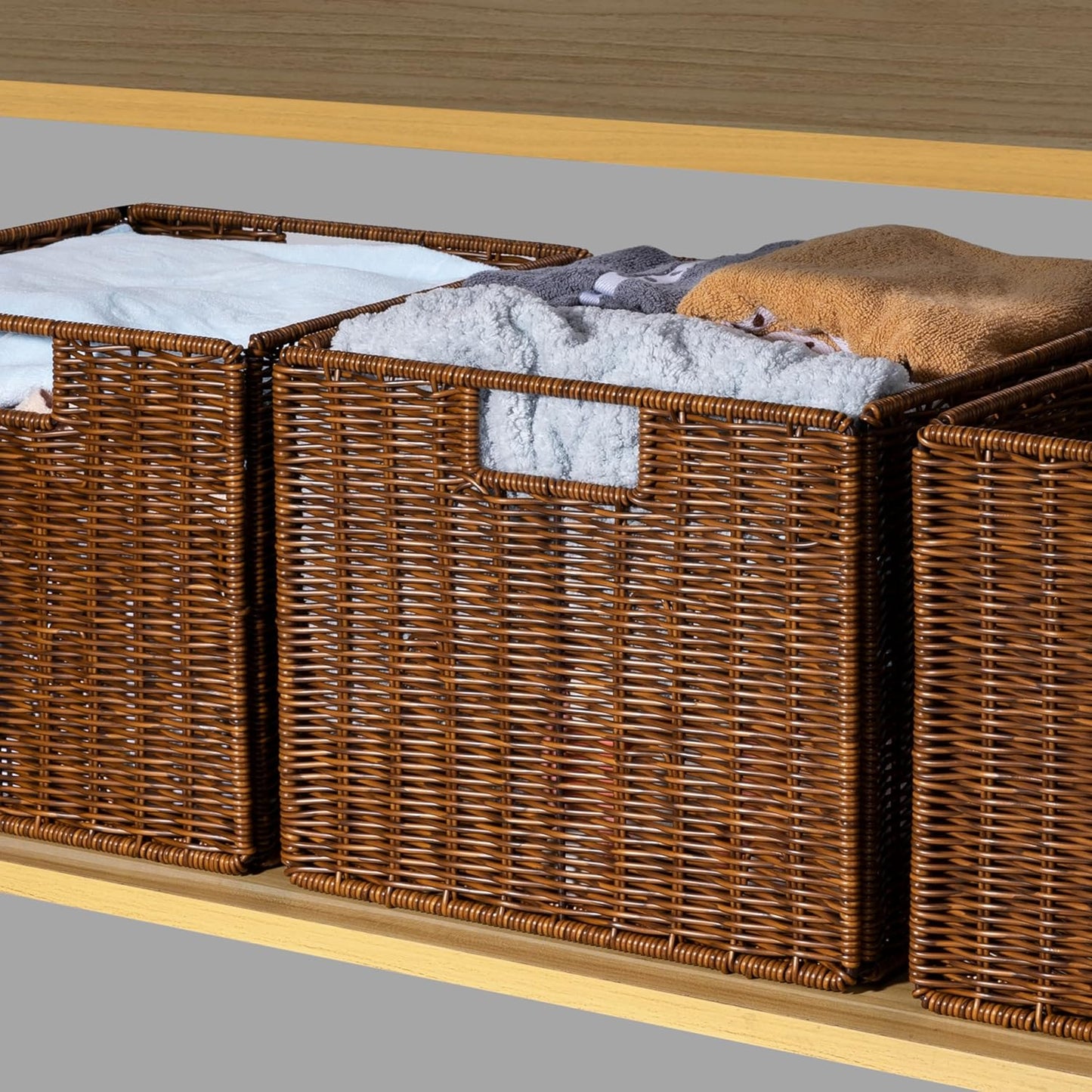 12x12x10in Water Hyacinth Storage Basket Large, Folding Cube Woven Wicker Storage Basket for Shelves, Pantry Baskets Organization and Storage, Kitchen Storage Baskets, Large Rattan Basket Set of 3